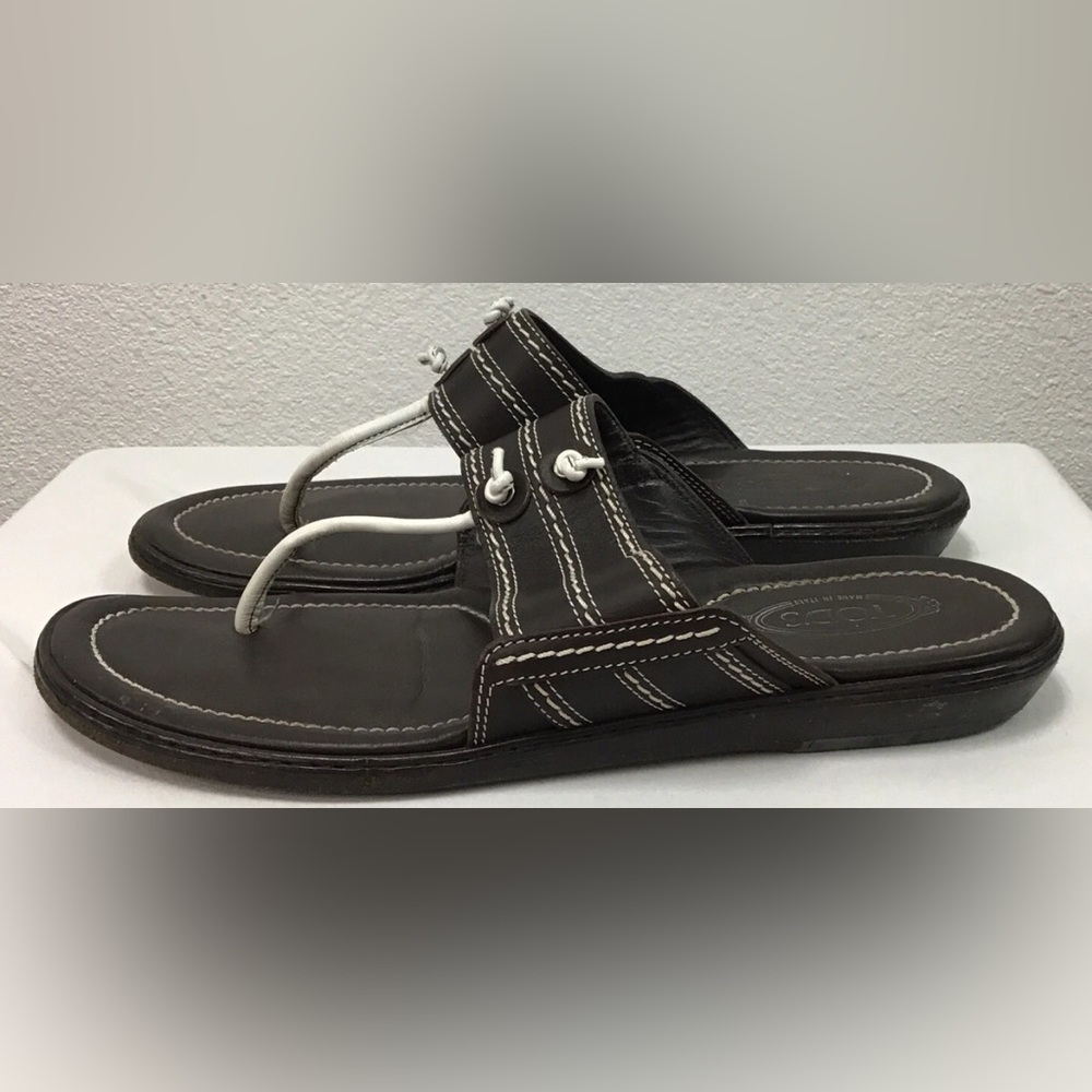 Tod’s Brown and white all Leather Tong Sandals Sz 9.5 - Picture 5 of 8